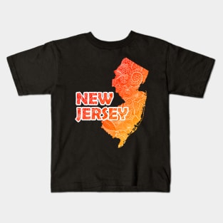 Colorful mandala art map of New Jersey with text in red and orange Kids T-Shirt